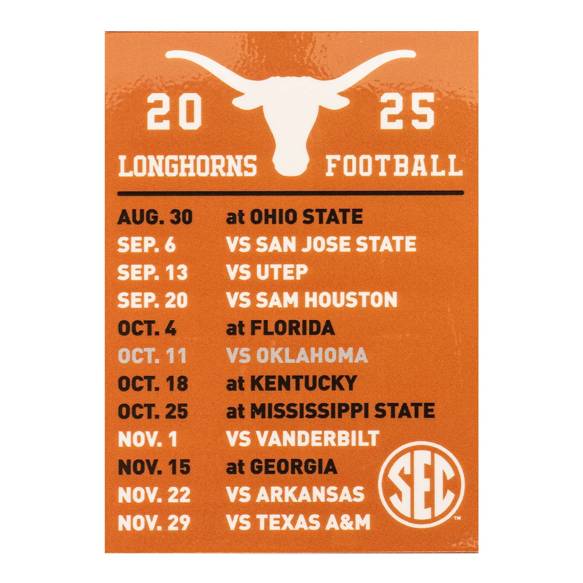 Texas Longhorns 2025 SEC Football Schedule Magnet