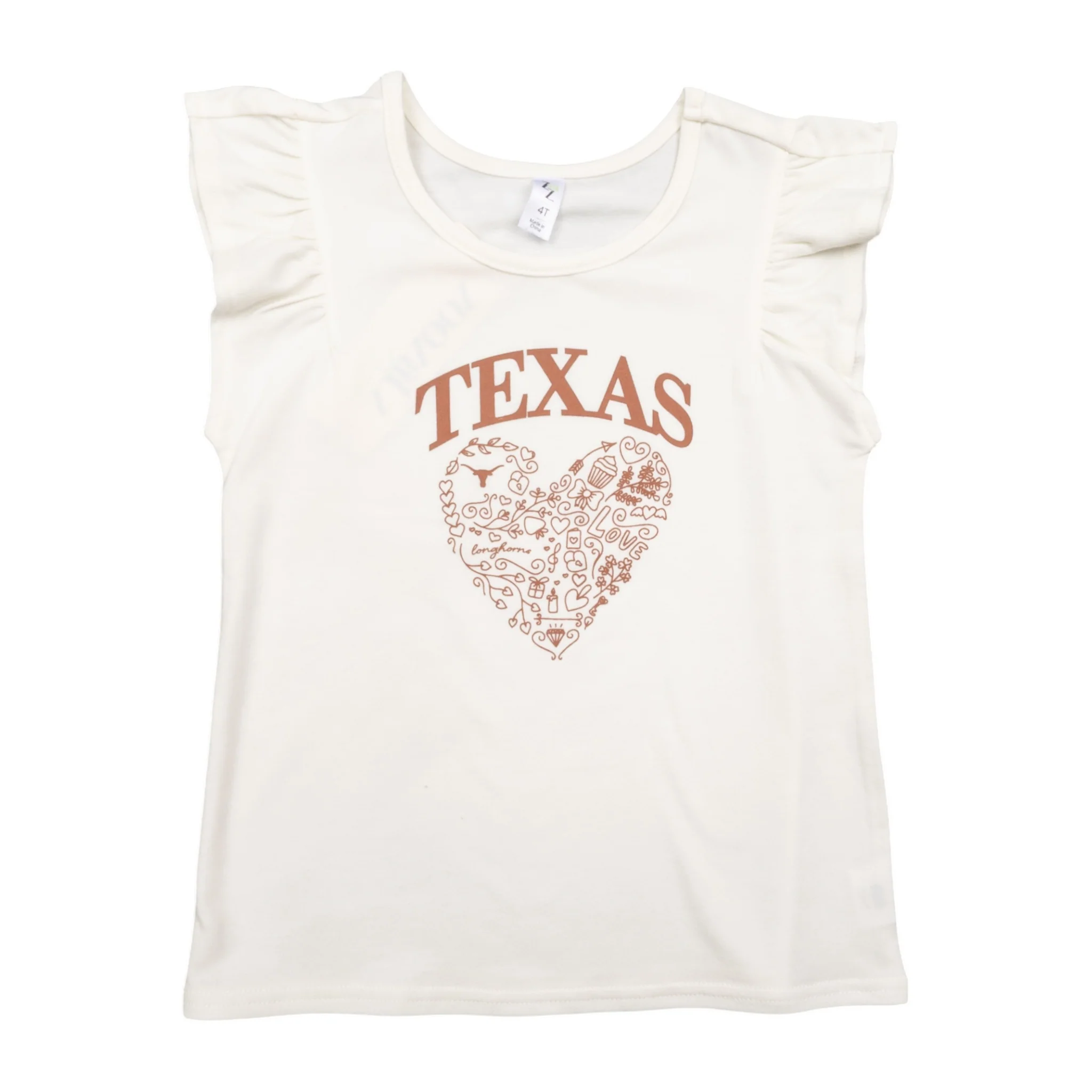 Youth ZooZatZ Texas Longhorns Ruffle Sleeve Heart Tee